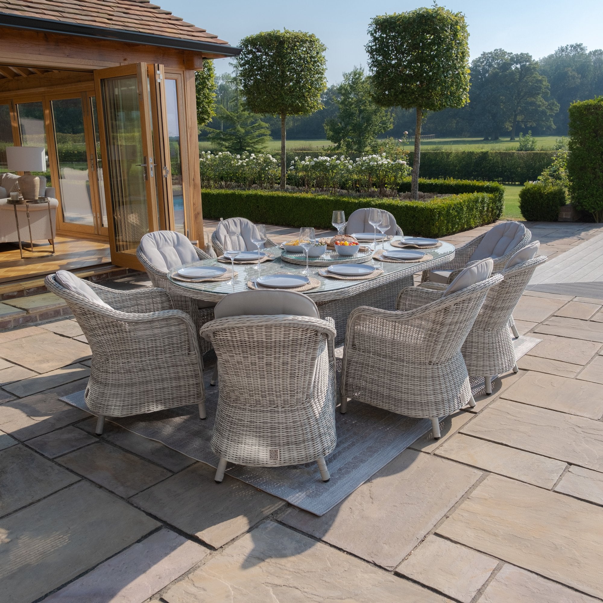 Oxford 8 Seat Oval Dining Set with Heritage Dining Chairs & Woven Lazy Susan