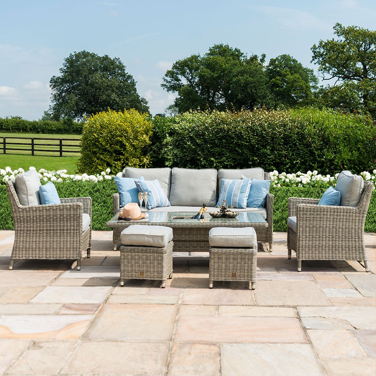 Oxford Sofa Rattan Dining Set with Ice Bucket & Rising Table