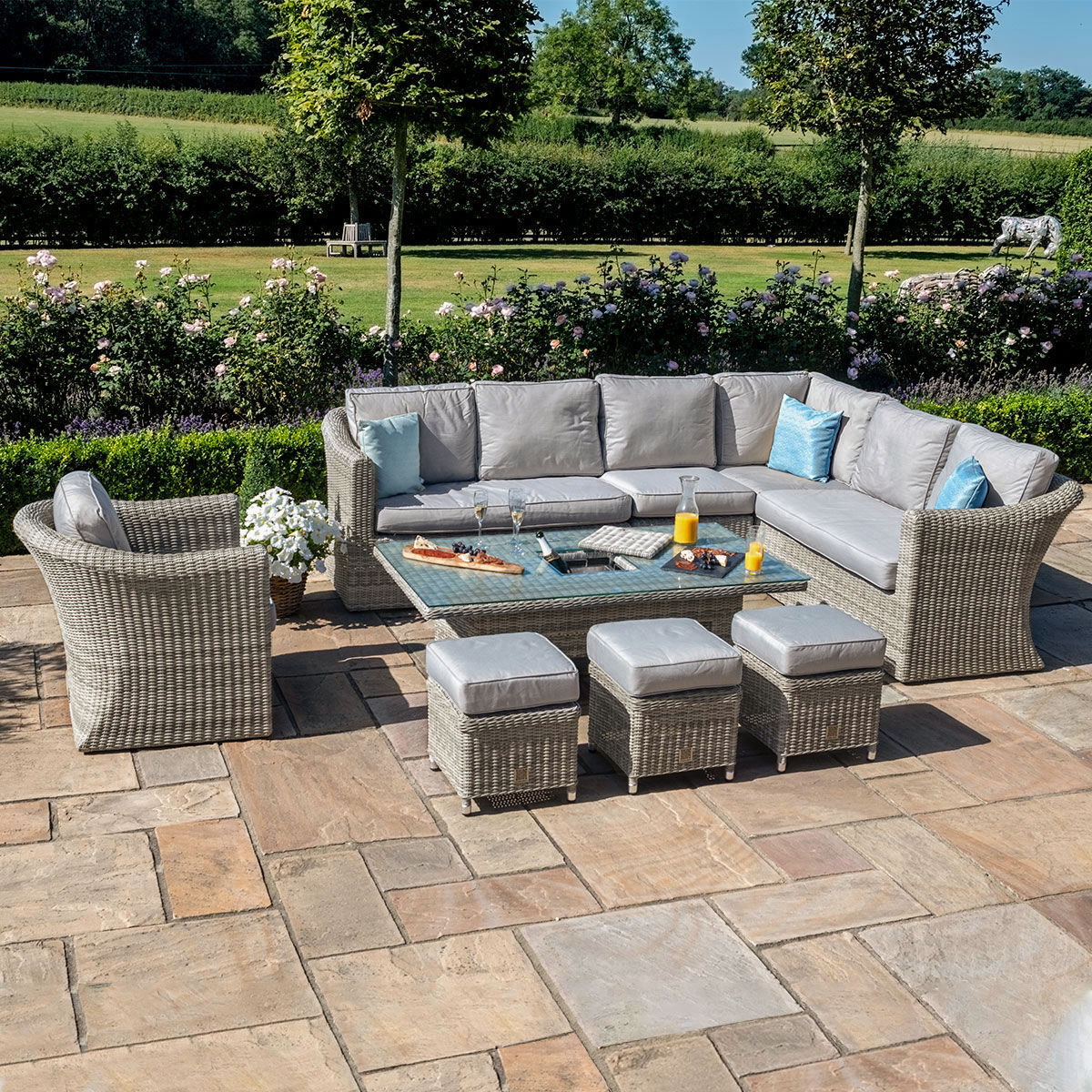 Oxford Deluxe Large Rattan Corner Dining Set with Rising Table & Armchair