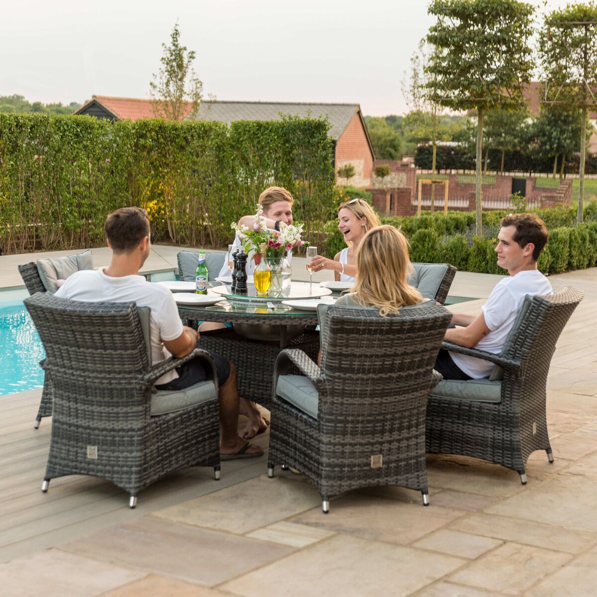 Texas 6 Seat Round Rattan Dining Set with Ice Bucket & Lazy Susan – Grey