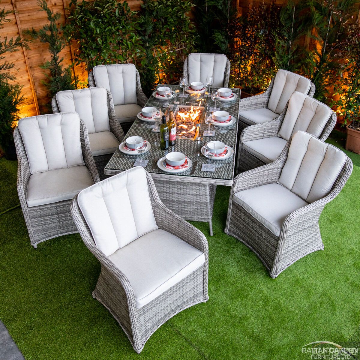 Champagne Vienna 8 Seat rattan Fire Pit With 210cm Rectangular Table