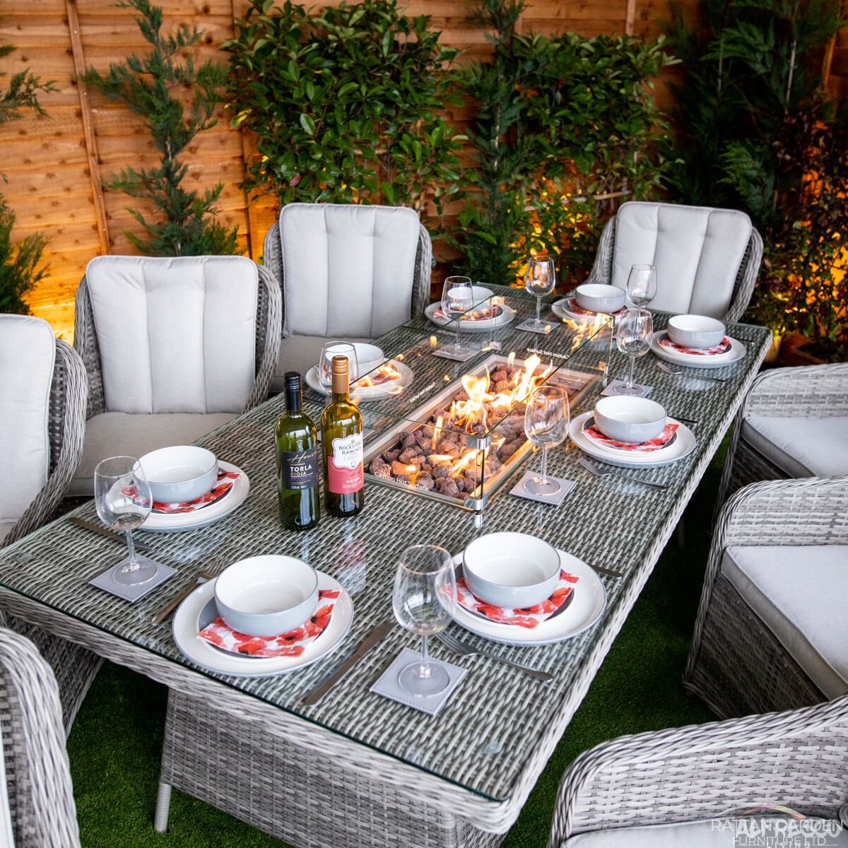 Champagne Vienna 8 Seat rattan Fire Pit With 210cm Rectangular Table