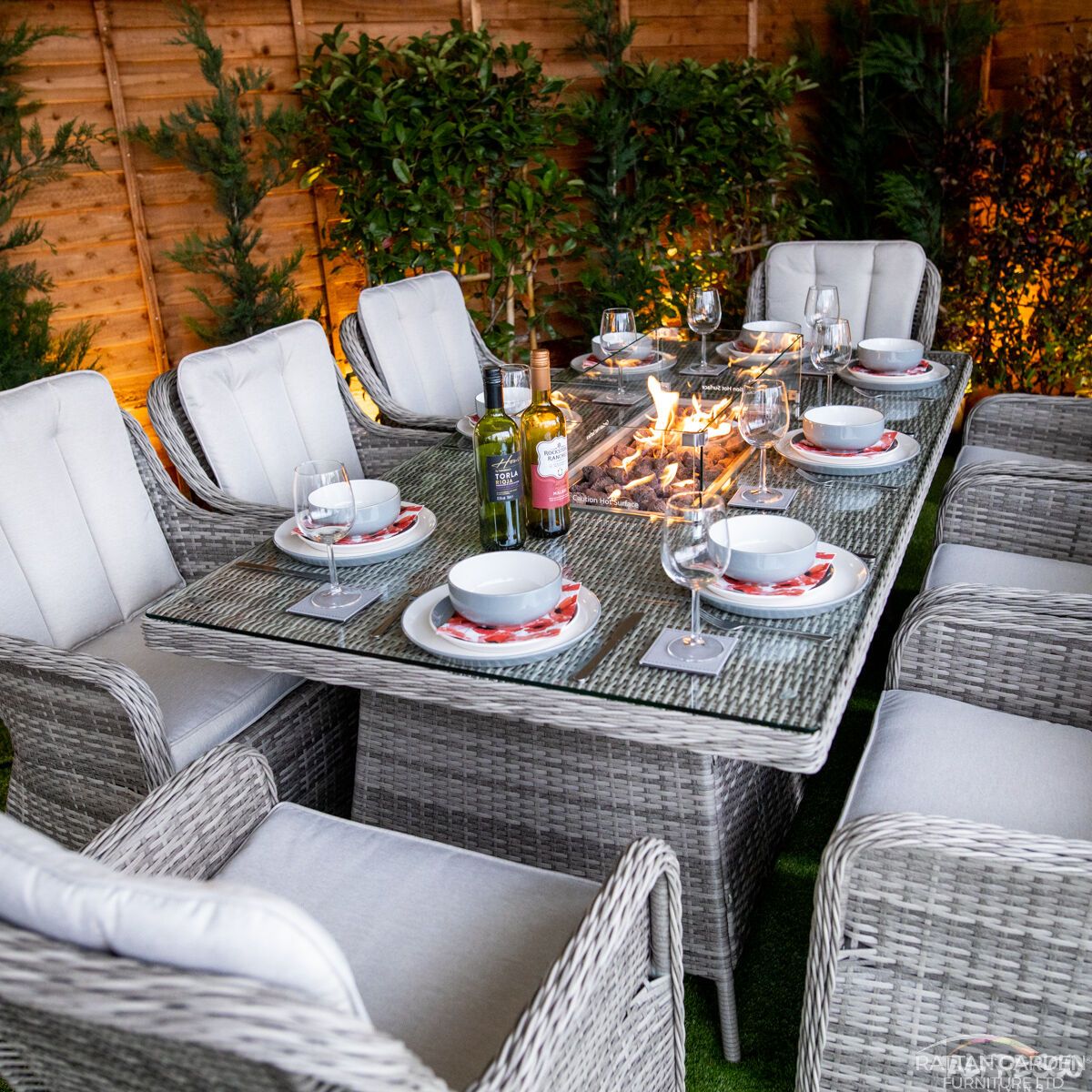 Champagne Vienna 8 Seat rattan Fire Pit With 210cm Rectangular Table