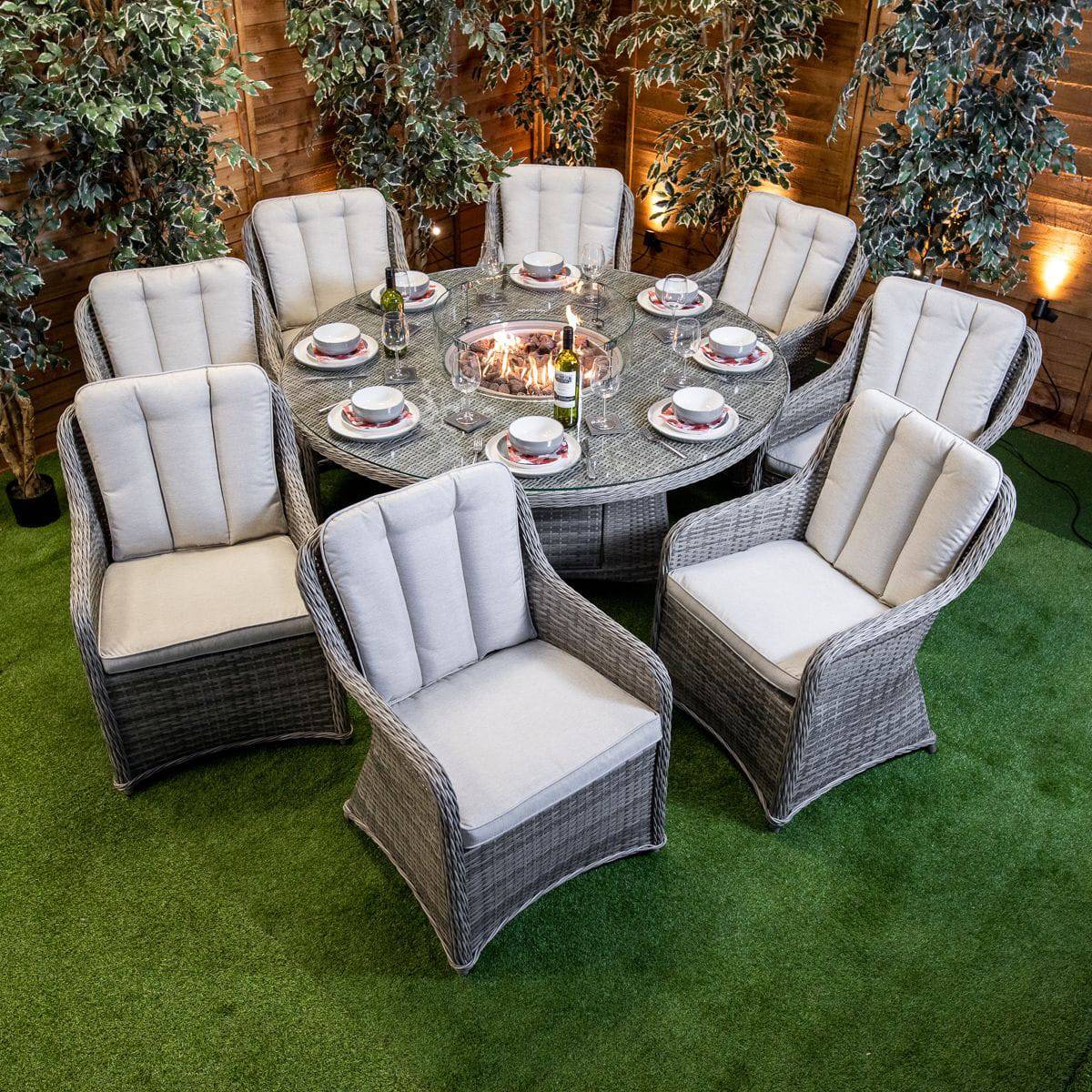 Rattan Champagne Vienna 8 Seat Fire Pit With 165cm Round Table