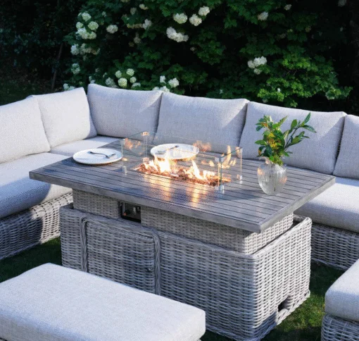 A Bellagio Round Wicker Large Corner Casual Dining Set with Rising Firepit Table, Light Grey