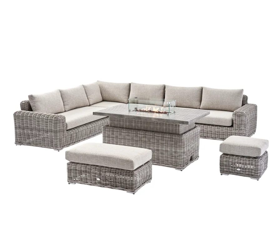 A Bellagio Round Wicker Large Corner Casual Dining Set with Rising Firepit Table, Light Grey