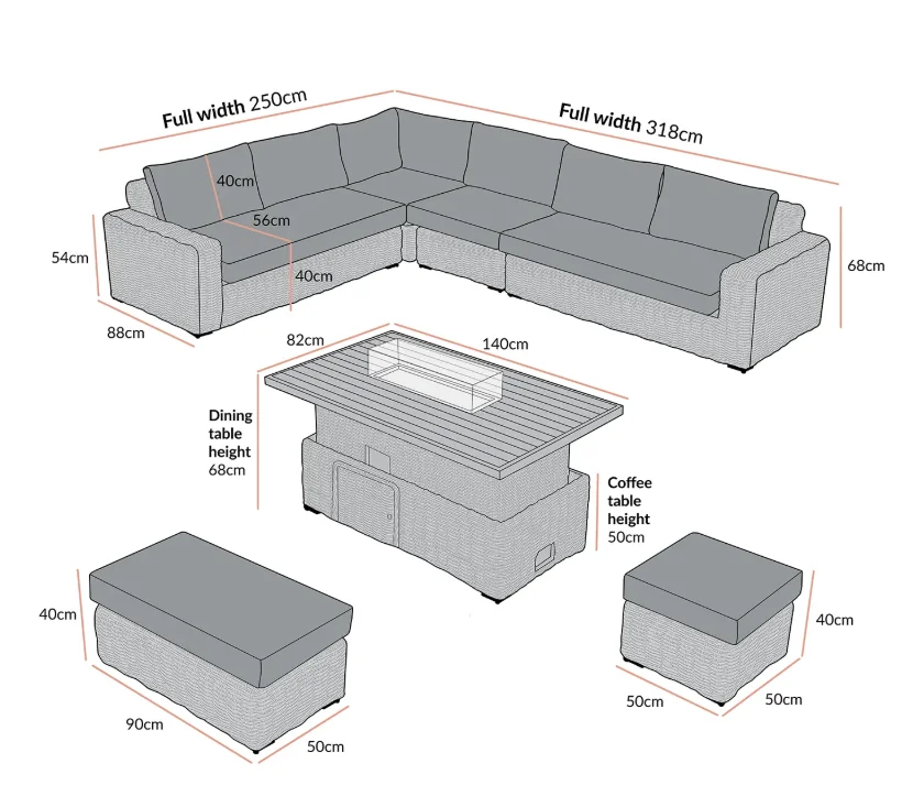 A Bellagio Round Wicker Large Corner Casual Dining Set with Rising Firepit Table, Light Grey
