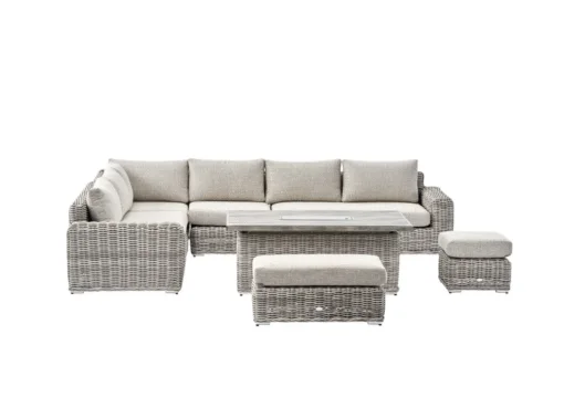 A Bellagio Round Wicker Large Corner Casual Dining Set with Rising Firepit Table, Light Grey
