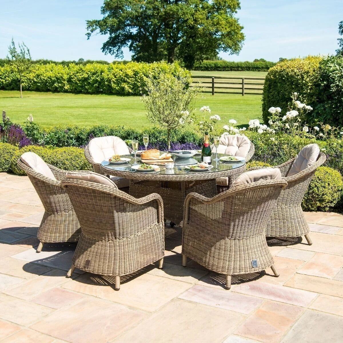 Winchester Heritage 6 Seat Round Rattan Fire Pit Dining Set with Lazy Susan