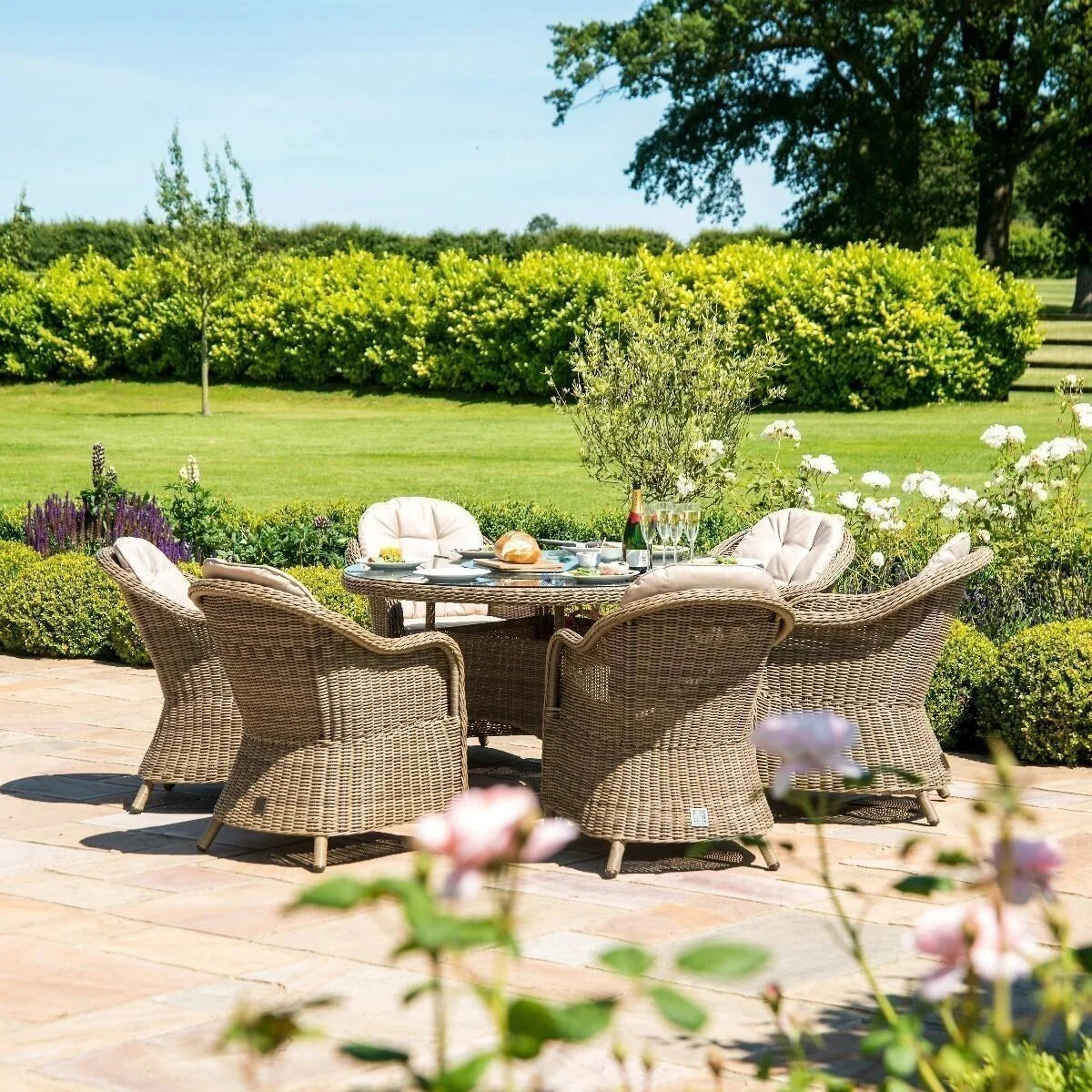 Winchester Heritage 6 Seat Round Rattan Fire Pit Dining Set with Lazy Susan