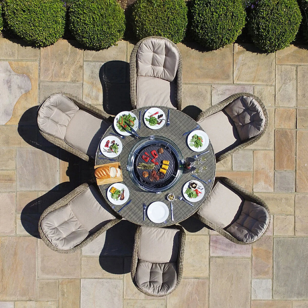 Winchester Heritage 6 Seat Round Rattan Fire Pit Dining Set with Lazy Susan